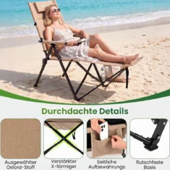 Faltbarer Campingstuhl mit Fußstütze Liegestuhl 4-fach Verstellbarer Rückenlehne bis 150 kg Belastbar Khaki
