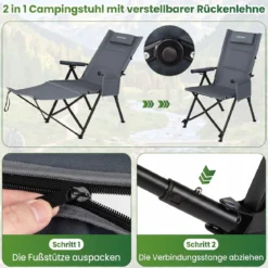 Faltbarer Campingstuhl mit Fußstütze Liegestuhl 4-fach Verstellbarer Rückenlehne bis 150 kg Belastbar Grau