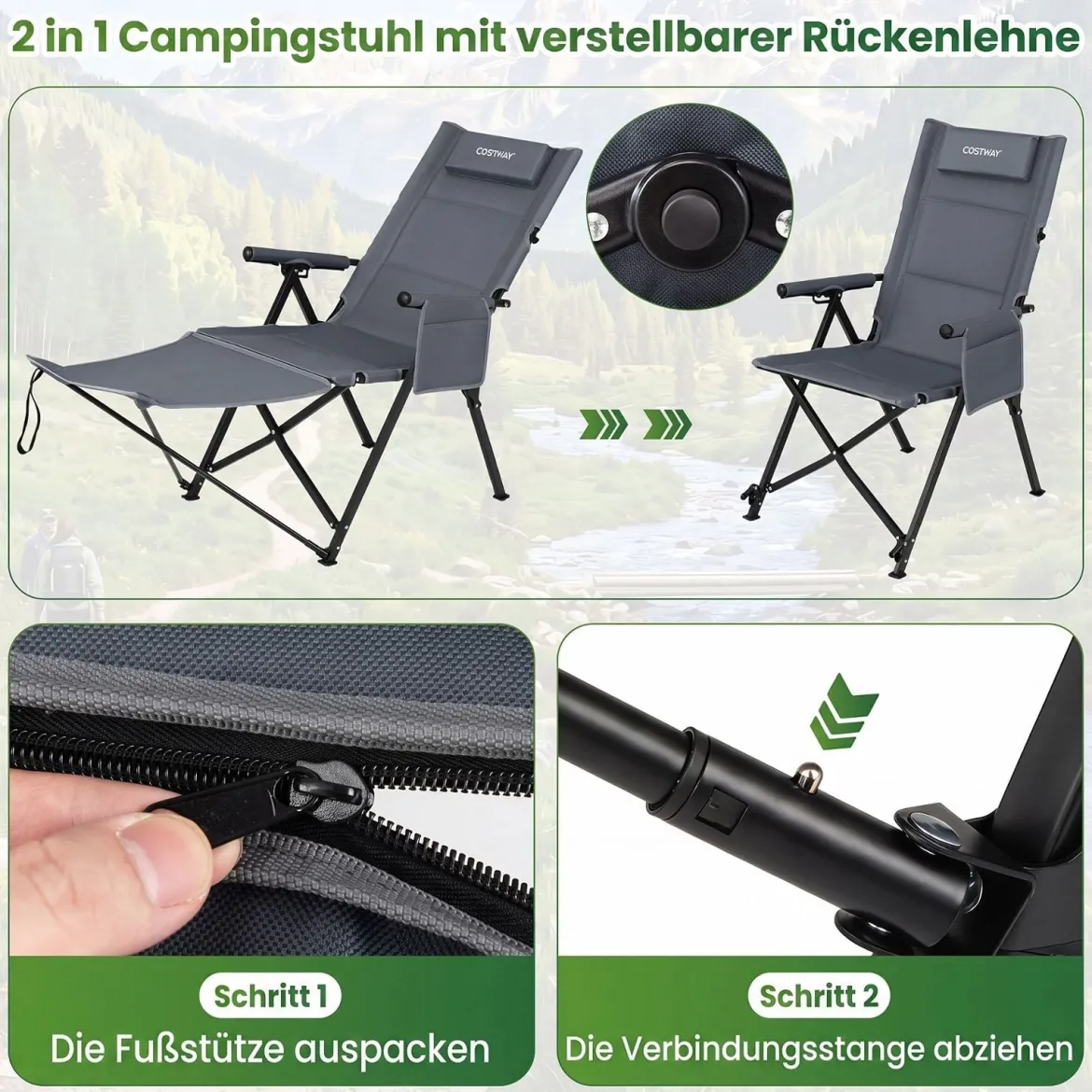 Faltbarer Campingstuhl mit Fußstütze Liegestuhl 4-fach Verstellbarer Rückenlehne bis 150 kg Belastbar Grau