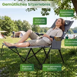 Faltbarer Campingstuhl mit Fußstütze Liegestuhl 4-fach Verstellbarer Rückenlehne bis 150 kg Belastbar Grau