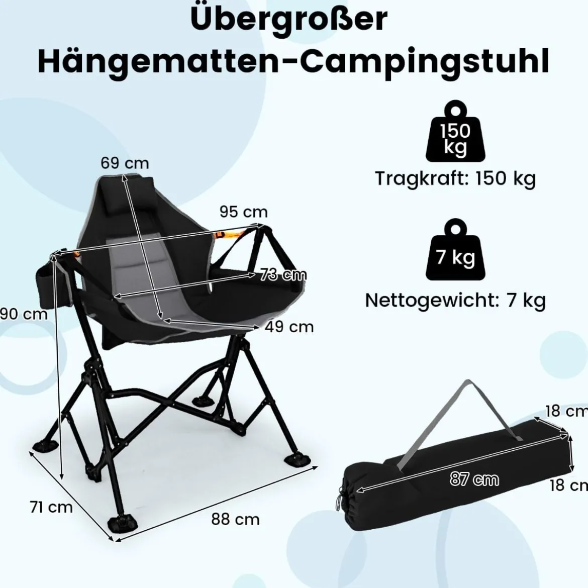 Faltbarer Campingstuhl mit Verstellbarer Rückenlehne & Getränkehalter Klappstuhl Faltstuhl Schwarz