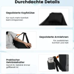 Faltbarer Campingstuhl mit Verstellbarer Rückenlehne & Getränkehalter Klappstuhl Faltstuhl Schwarz