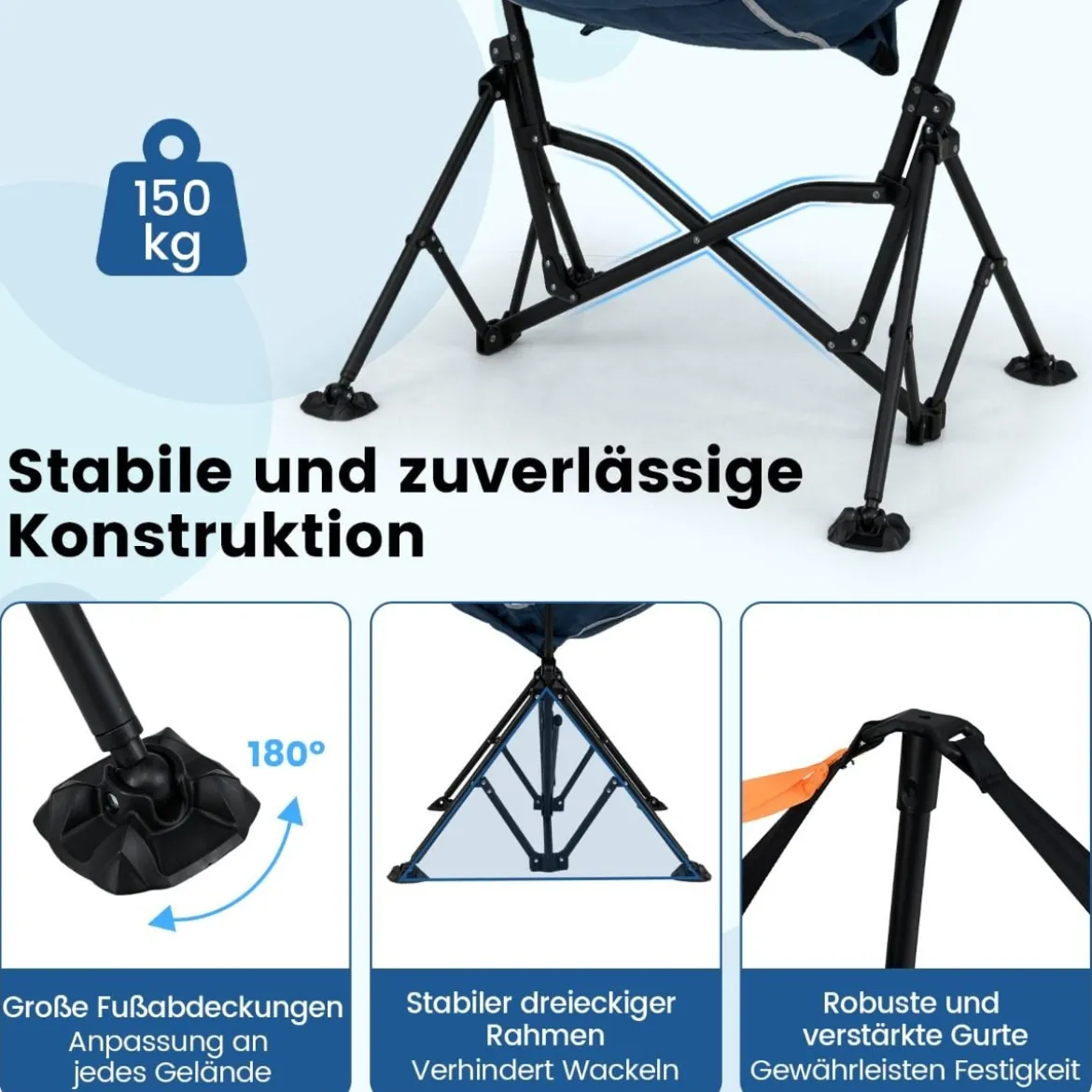 Faltbarer Campingstuhl mit Verstellbarer Rückenlehne & Getränkehalter Klappstuhl Faltstuhl Blau