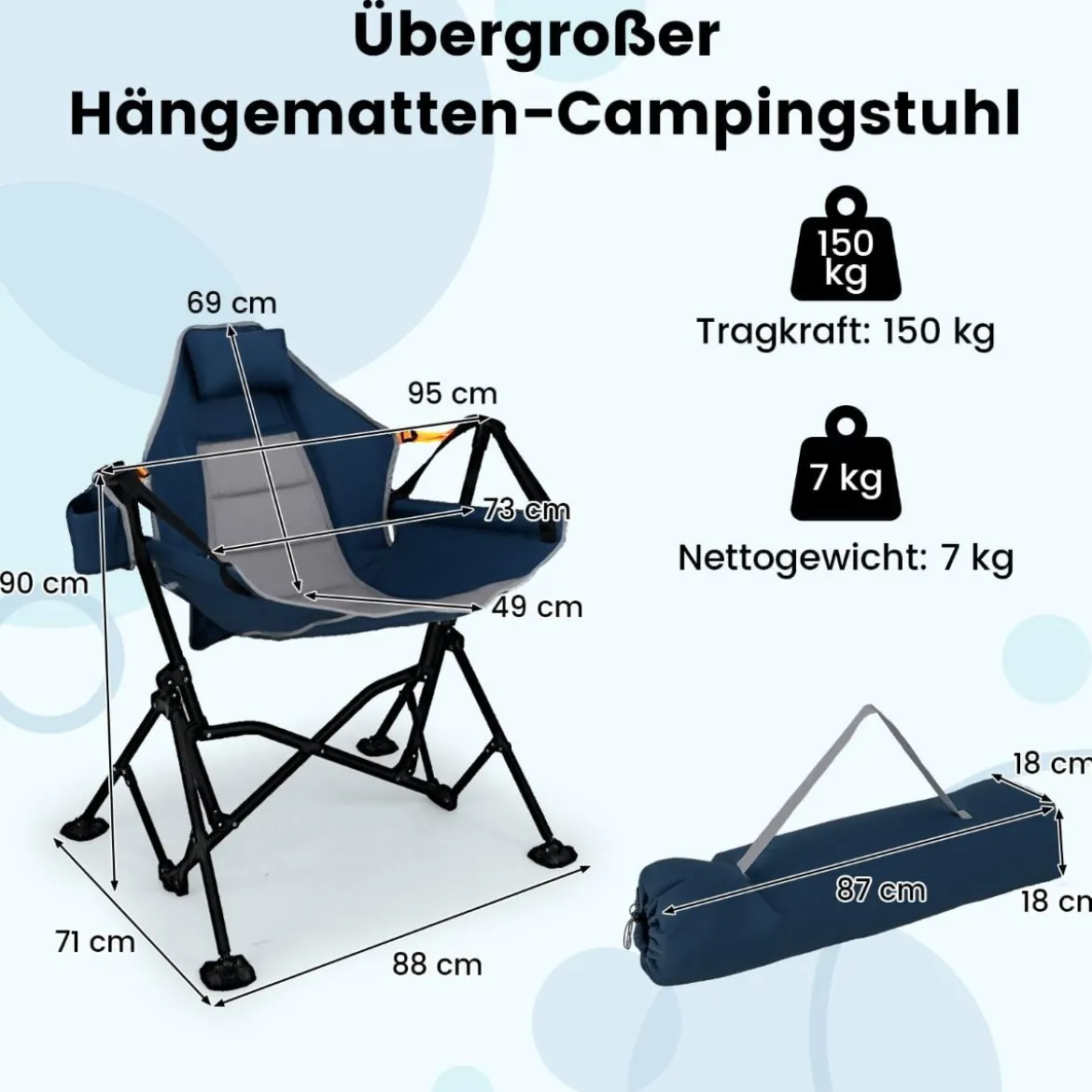 Faltbarer Campingstuhl mit Verstellbarer Rückenlehne & Getränkehalter Klappstuhl Faltstuhl Blau