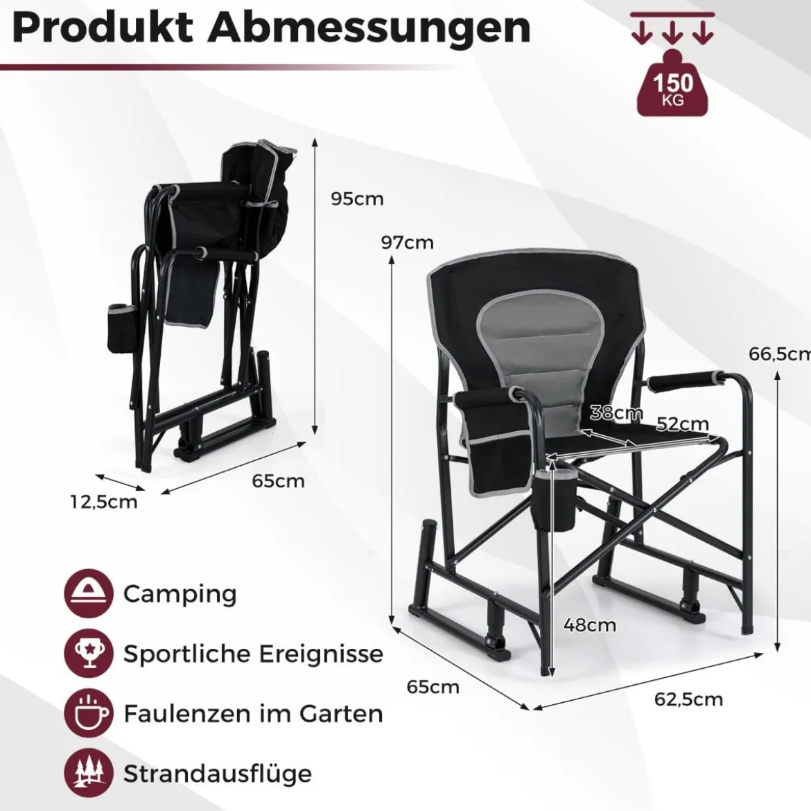 Faltbarer Campingstuhl mit Wippfunktion & Getränkehalter & Seitentasche Angelstuhl