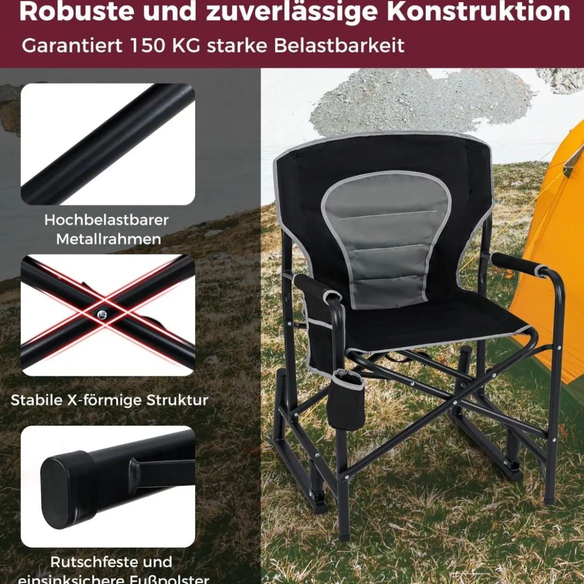 Faltbarer Campingstuhl mit Wippfunktion & Getränkehalter & Seitentasche Angelstuhl