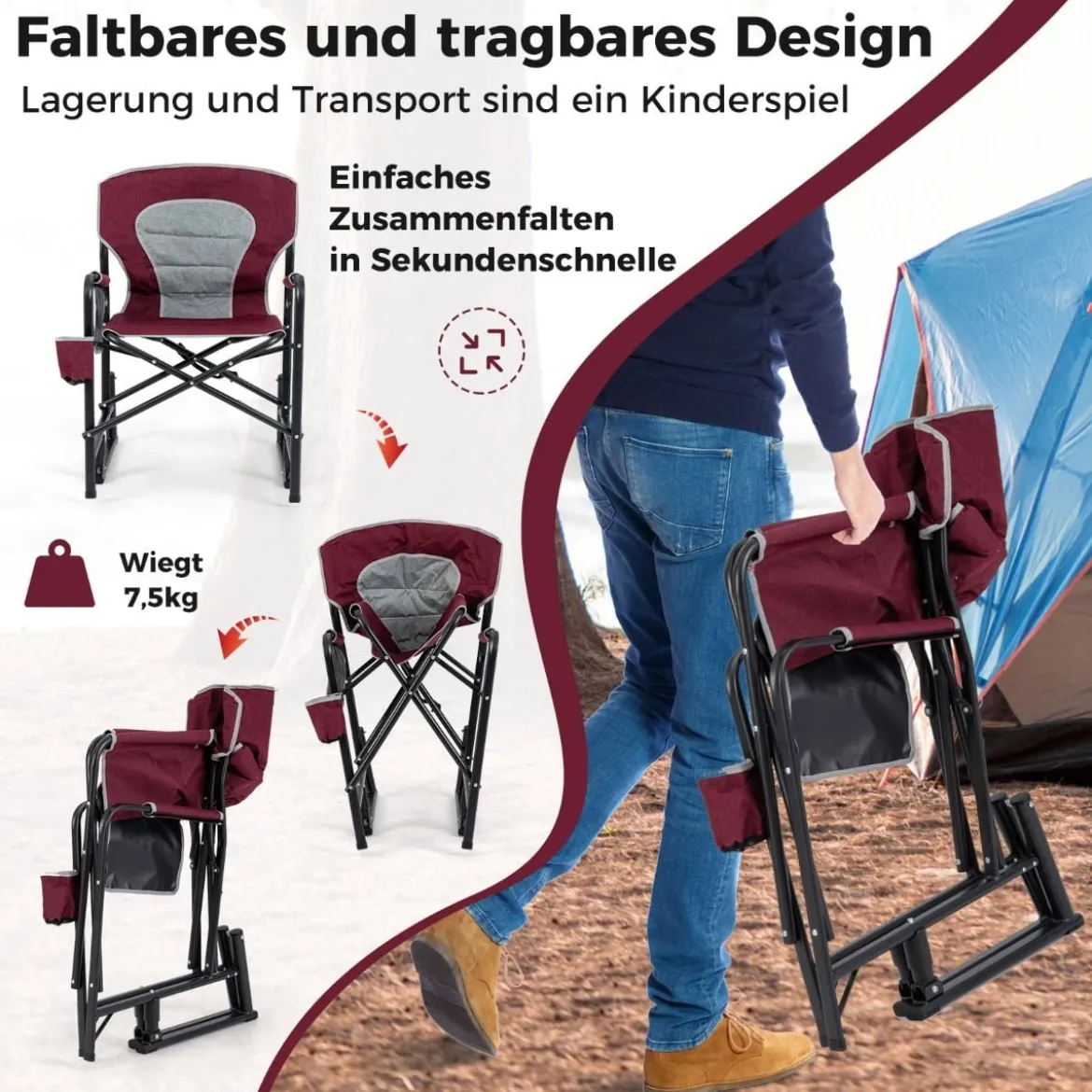 Faltbarer Campingstuhl mit Wippfunktion & Getränkehalter & Seitentasche Angelstuhl