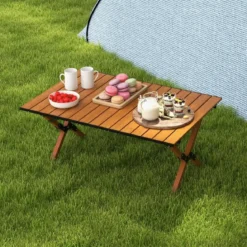 Faltbarer Campingtisch aus Aluminium Picknicktisch mit Holzoptik Natur 89x59x45cm