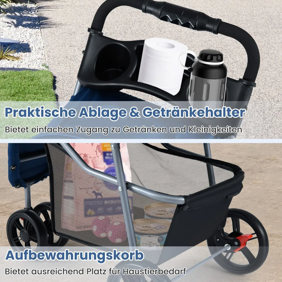 Faltbarer Haustierwagen leichter Katzen-Spazierwagen mit verstellbarem Sonnendach Blau