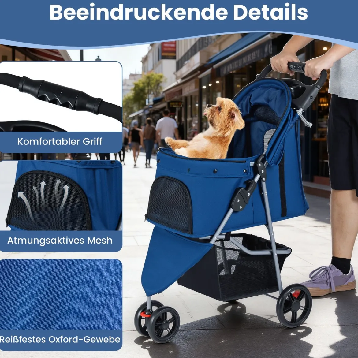Faltbarer Haustierwagen leichter Katzen-Spazierwagen mit verstellbarem Sonnendach Blau
