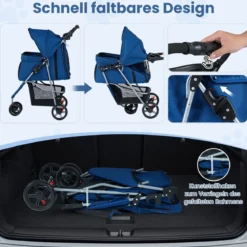 Faltbarer Haustierwagen leichter Katzen-Spazierwagen mit verstellbarem Sonnendach Blau