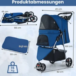 Faltbarer Haustierwagen leichter Katzen-Spazierwagen mit verstellbarem Sonnendach Blau