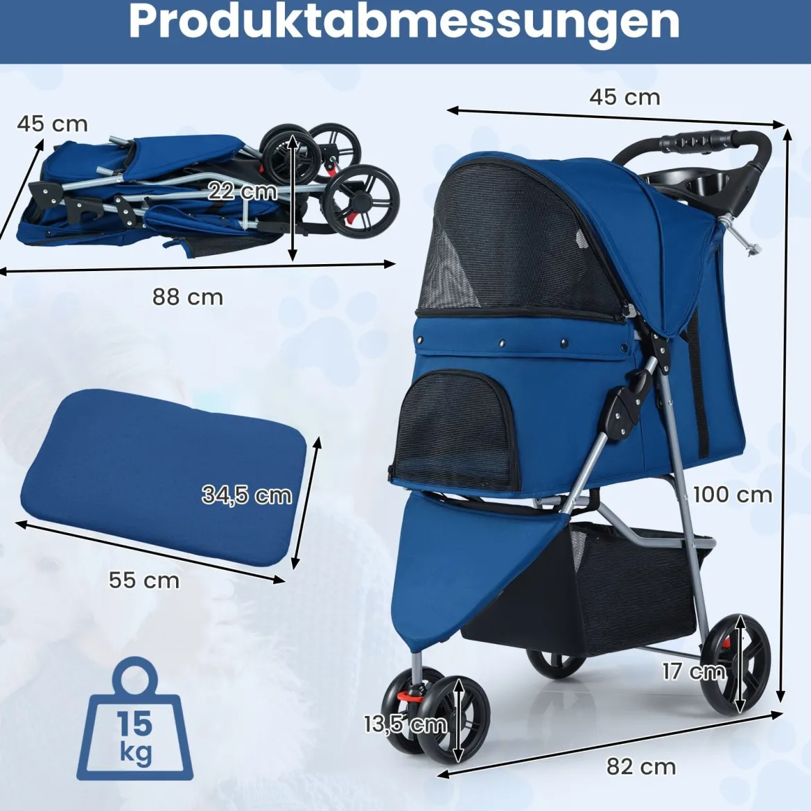 Faltbarer Haustierwagen leichter Katzen-Spazierwagen mit verstellbarem Sonnendach Blau
