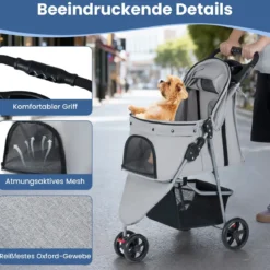 Faltbarer Haustierwagen leichter Katzen-Spazierwagen mit verstellbarem Sonnendach Grau