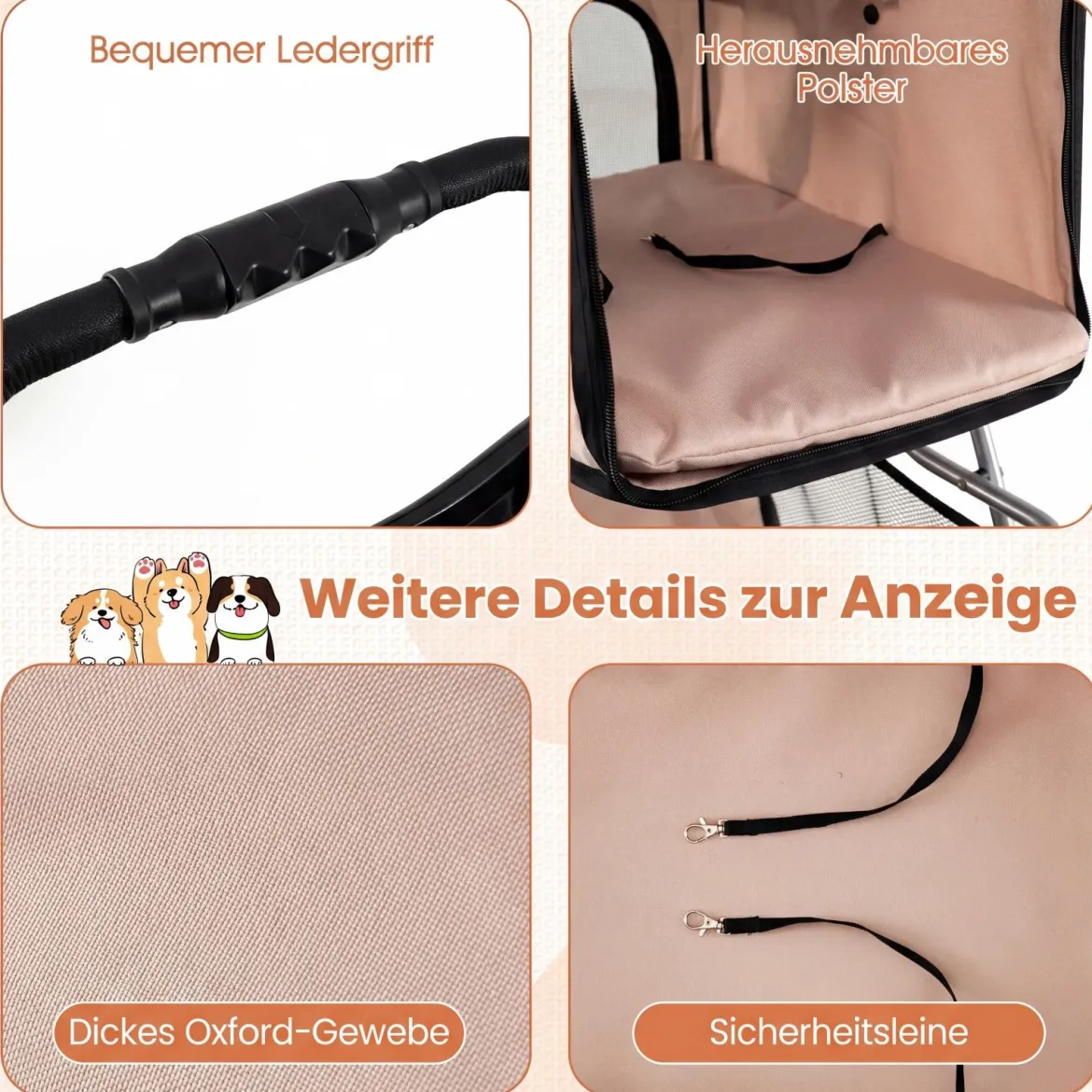 Faltbarer Haustierwagen mit atmungsaktivem Netz wasserfestem Bezug Geländereifen Beige