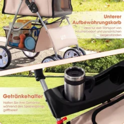 Faltbarer Haustierwagen mit atmungsaktivem Netz wasserfestem Bezug Geländereifen Beige