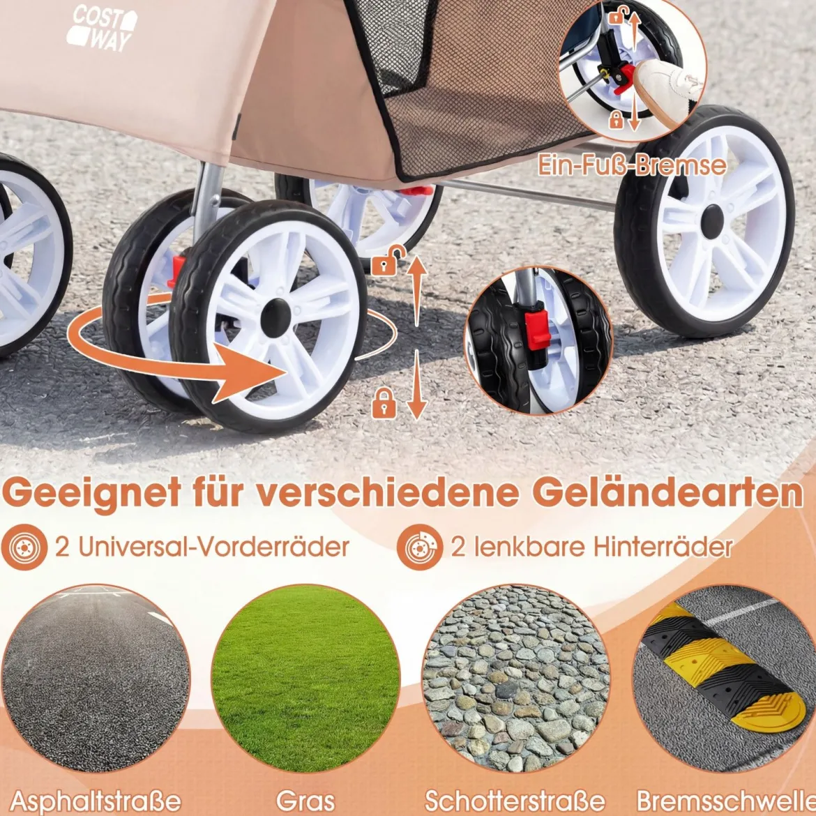 Faltbarer Haustierwagen mit atmungsaktivem Netz wasserfestem Bezug Geländereifen Beige