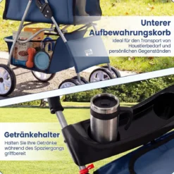 Faltbarer Haustierwagen mit atmungsaktivem Netz wasserfestem Bezug Geländereifen Blau