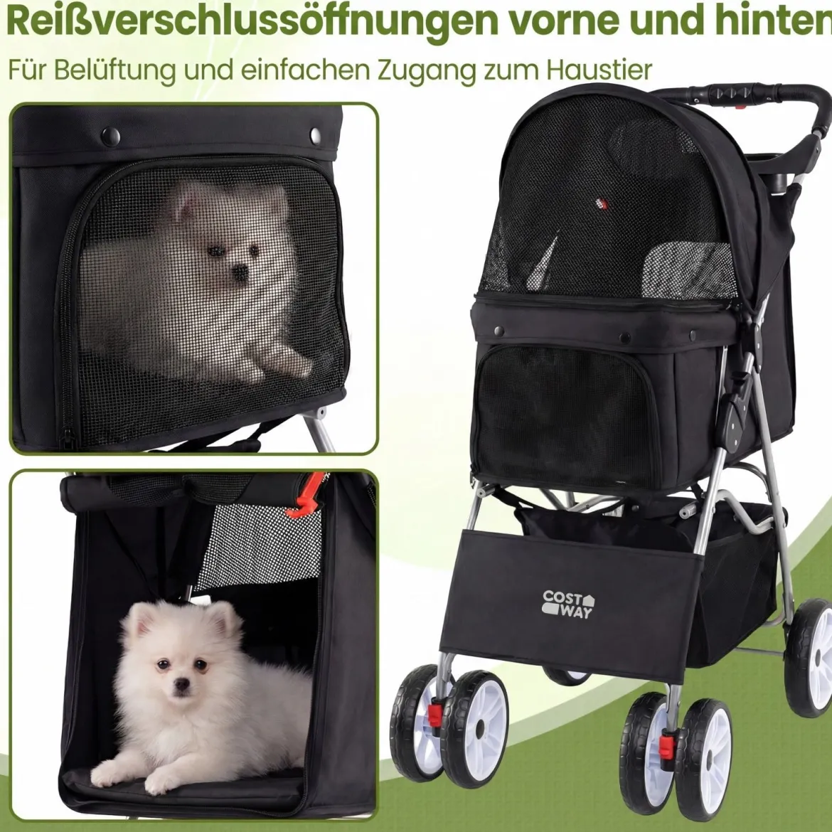 Faltbarer Haustierwagen mit atmungsaktivem Netz wasserfestem Bezug Geländereifen Schwarz