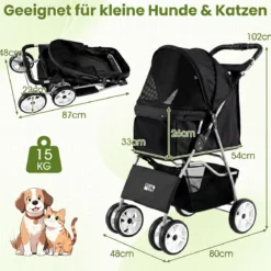 Faltbarer Haustierwagen mit atmungsaktivem Netz wasserfestem Bezug Geländereifen Schwarz