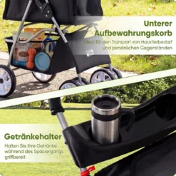 Faltbarer Haustierwagen mit atmungsaktivem Netz wasserfestem Bezug Geländereifen Schwarz