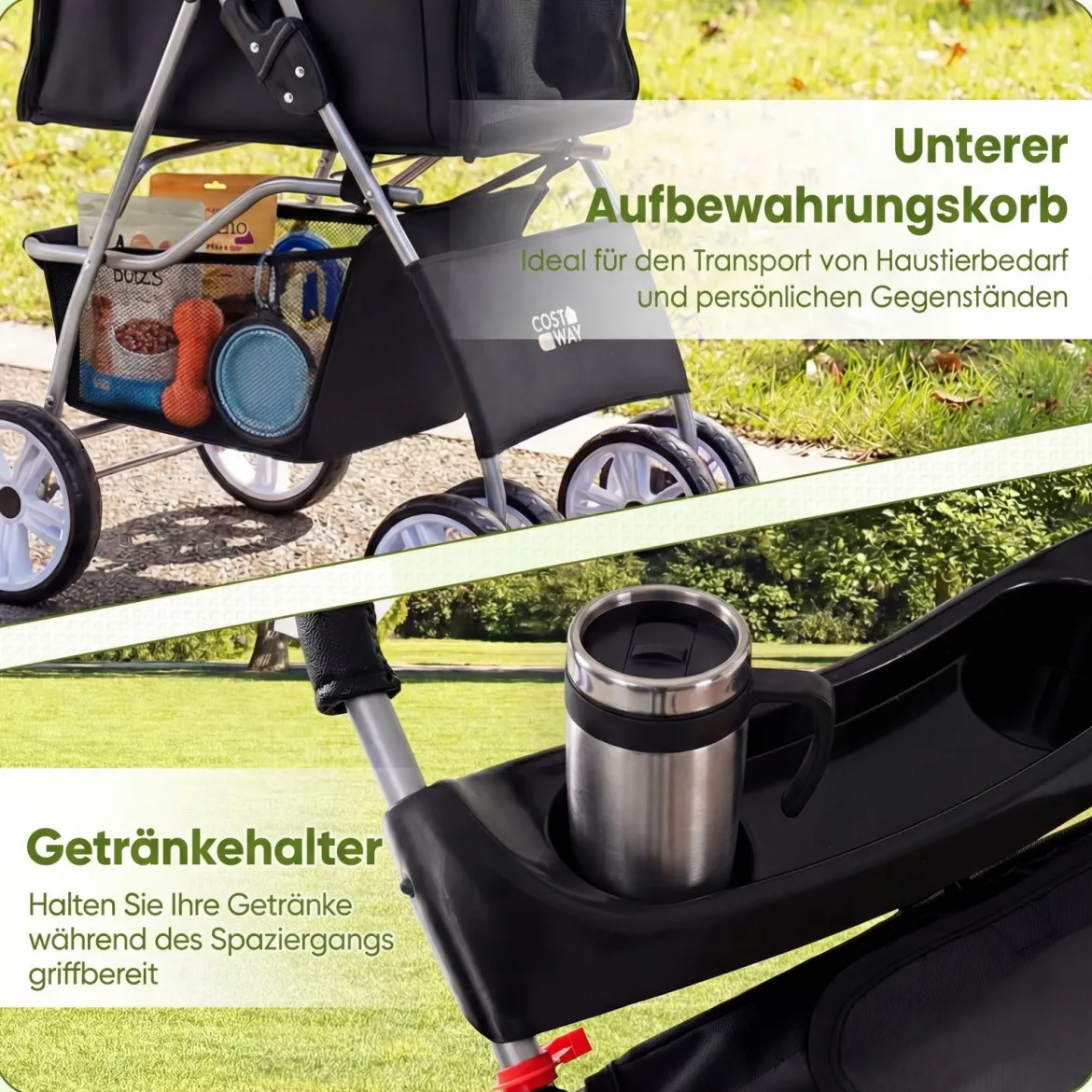 Faltbarer Haustierwagen mit atmungsaktivem Netz wasserfestem Bezug Geländereifen Schwarz