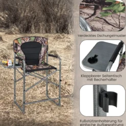Faltbarer hoher Jagdstuhl Robuster übergroßer Regiestuhl mit Seitentisch Tragfähigkeit 150 kg