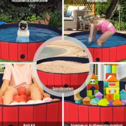 Faltbarer Hunde Swimmingpool Drinnen Draußen Auslaufsicherer Haustier Pool mit Drehbarem Ablassventil 140*30cm Rot