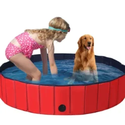 Faltbarer Hunde Swimmingpool Drinnen Draußen Auslaufsicherer Haustier Pool mit Drehbarem Ablassventil 140*30cm Rot