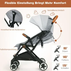 Faltbarer Kinderwagen mit Verstellbare Rückenlehne & Fußstütze & Verdeck