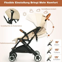 Faltbarer Kinderwagen mit Verstellbare Rückenlehne & Fußstütze & Verdeck