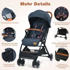 Faltbarer Kinderwagen mit Verstellbare Rückenlehne & Fußstütze & Verdeck