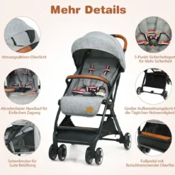 Faltbarer Kinderwagen mit Verstellbare Rückenlehne & Fußstütze & Verdeck