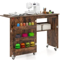 Faltbarer Nähtisch Rollende Bastelstation mit Ablagefach 3 versteckte Behälter Mobiler Nähtisch 118,5 x 40 x 79,5 cm Braun