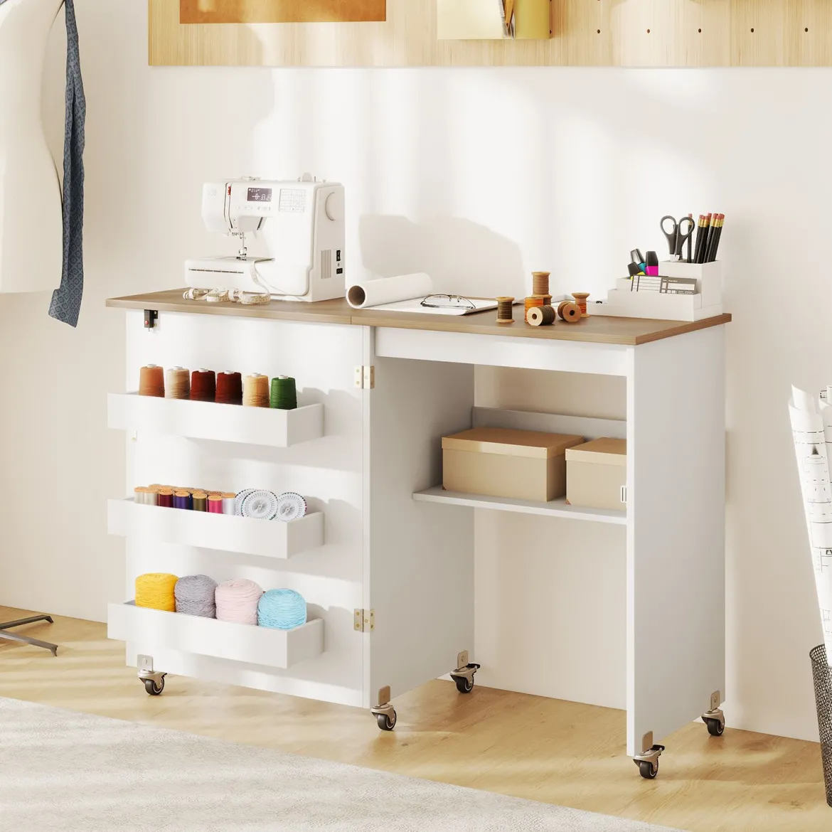 Faltbarer Nähtisch Rollende Bastelstation mit Ablagefach 3 versteckte Behälter Mobiler Nähtisch Weiß 118,5 x 40 x 79,5 cm