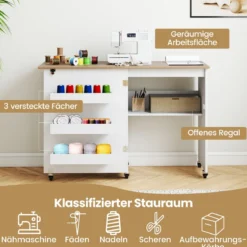Faltbarer Nähtisch Rollende Bastelstation mit Ablagefach 3 versteckte Behälter Mobiler Nähtisch Weiß 118,5 x 40 x 79,5 cm