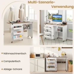 Faltbarer Nähtisch Rollende Bastelstation mit Ablagefach 3 versteckte Behälter Mobiler Nähtisch Weiß 118,5 x 40 x 79,5 cm