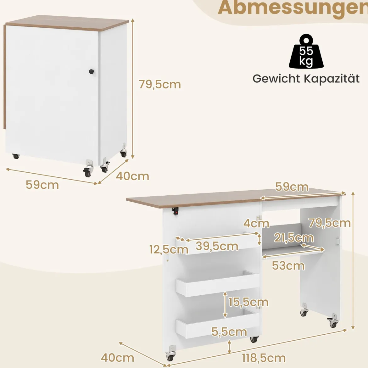 Faltbarer Nähtisch Rollende Bastelstation mit Ablagefach 3 versteckte Behälter Mobiler Nähtisch Weiß 118,5 x 40 x 79,5 cm