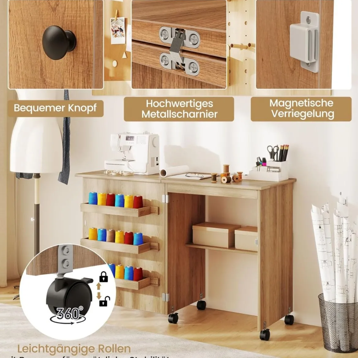 Faltbarer Nähtisch Rollende Bastelstation mit Ablagefach 3 versteckte Behälter Mobiler Nähtisch 118,5 x 40 x 79,5 cm Natur