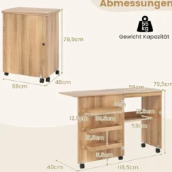 Faltbarer Nähtisch Rollende Bastelstation mit Ablagefach 3 versteckte Behälter Mobiler Nähtisch 118,5 x 40 x 79,5 cm Natur