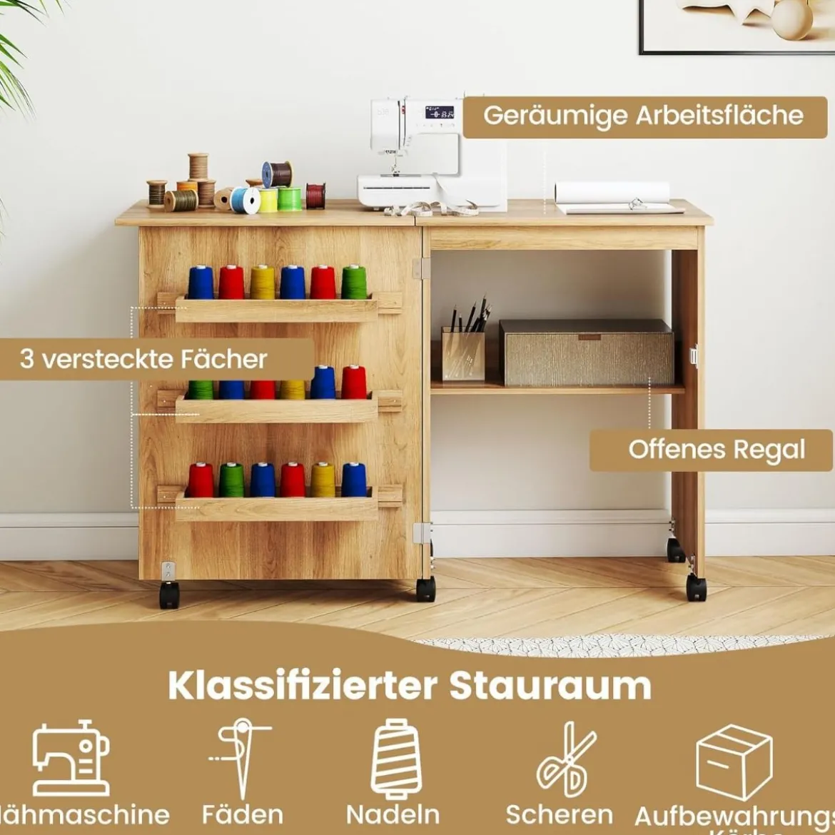 Faltbarer Nähtisch Rollende Bastelstation mit Ablagefach 3 versteckte Behälter Mobiler Nähtisch 118,5 x 40 x 79,5 cm Natur