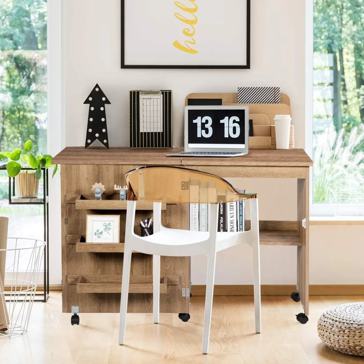 Faltbarer Nähtisch Rollende Bastelstation mit Ablagefach 3 versteckte Behälter Mobiler Nähtisch 118,5 x 40 x 79,5 cm Natur