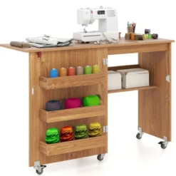 Faltbarer Nähtisch Rollende Bastelstation mit Ablagefach 3 versteckte Behälter Mobiler Nähtisch 118,5 x 40 x 79,5 cm Natur