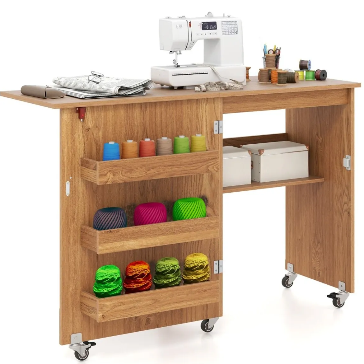 Faltbarer Nähtisch Rollende Bastelstation mit Ablagefach 3 versteckte Behälter Mobiler Nähtisch 118,5 x 40 x 79,5 cm Natur