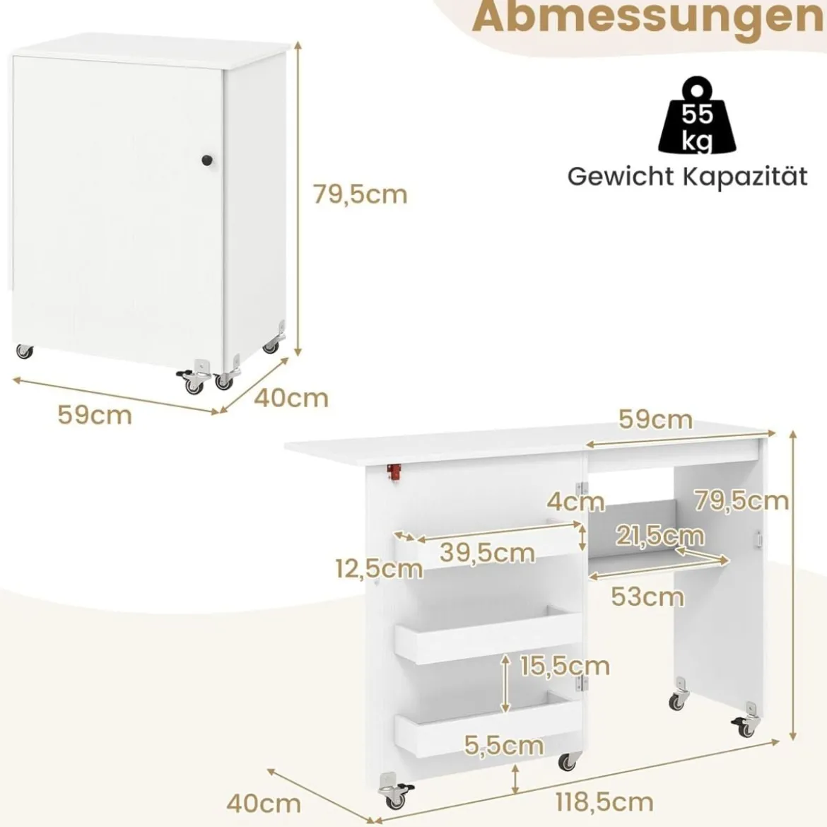 Faltbarer Nähtisch Rollende Bastelstation mit Ablagefach 3 versteckte Behälter Mobiler Nähtisch 118,5 x 40 x 79,5 cm Weiß