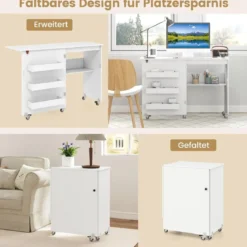 Faltbarer Nähtisch Rollende Bastelstation mit Ablagefach 3 versteckte Behälter Mobiler Nähtisch 118,5 x 40 x 79,5 cm Weiß