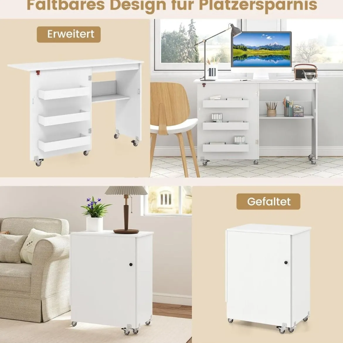 Faltbarer Nähtisch Rollende Bastelstation mit Ablagefach 3 versteckte Behälter Mobiler Nähtisch 118,5 x 40 x 79,5 cm Weiß
