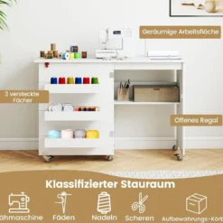 Faltbarer Nähtisch Rollende Bastelstation mit Ablagefach 3 versteckte Behälter Mobiler Nähtisch 118,5 x 40 x 79,5 cm Weiß