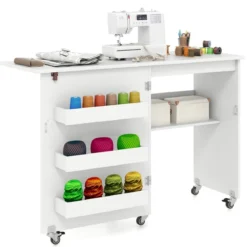 Faltbarer Nähtisch Rollende Bastelstation mit Ablagefach 3 versteckte Behälter Mobiler Nähtisch 118,5 x 40 x 79,5 cm Weiß