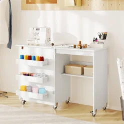 Faltbarer Nähtisch Rollende Bastelstation mit Ablagefach 3 versteckte Behälter Mobiler Nähtisch 118,5 x 40 x 79,5 cm Weiß